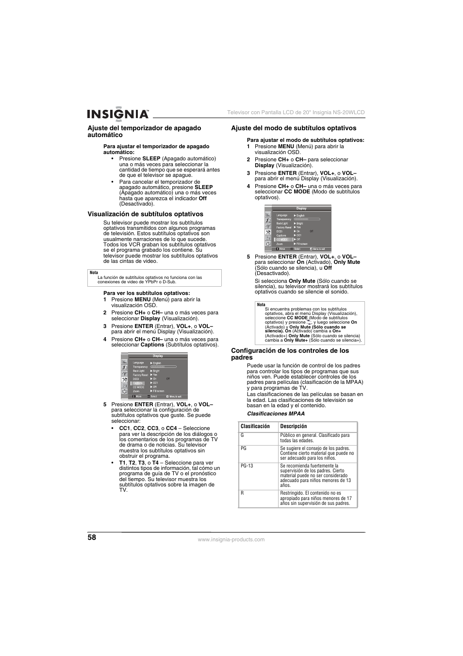 Insignia NS-20WLCD User Manual | Page 58 / 68