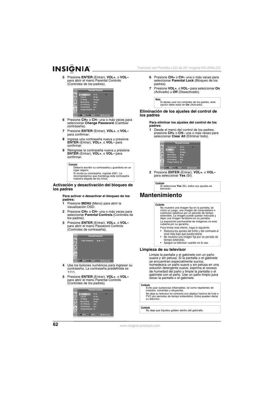 Mantenimiento | Insignia NS-20WLCD User Manual | Page 62 / 68