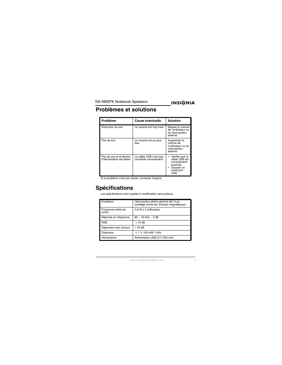 Problèmes et solutions, Spécifications | Insignia NS-NBSPK User Manual | Page 10 / 20