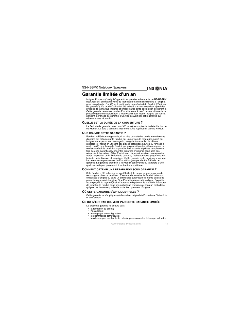 Garantie limitée d’un an | Insignia NS-NBSPK User Manual | Page 12 / 20