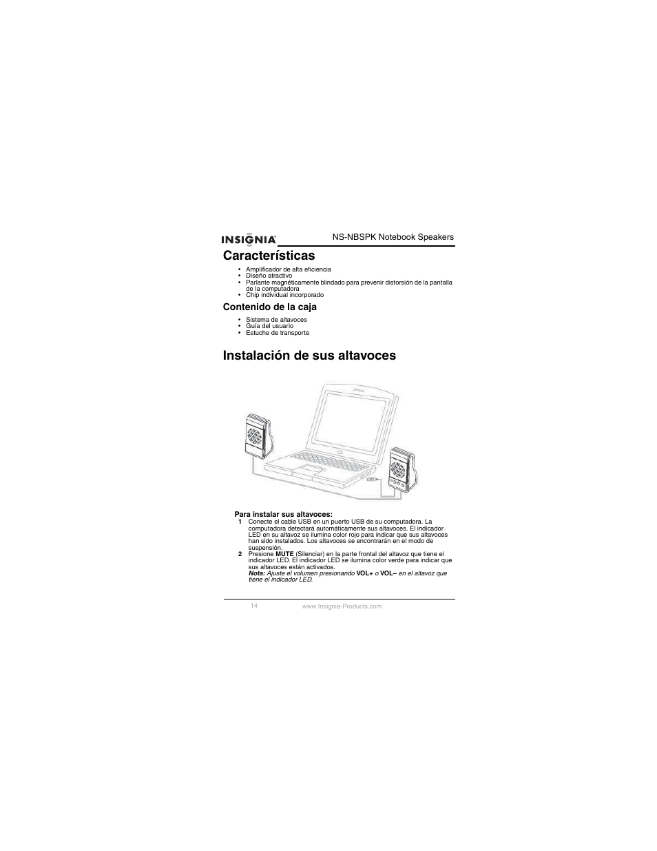 Características, Instalación de sus altavoces | Insignia NS-NBSPK User Manual | Page 15 / 20