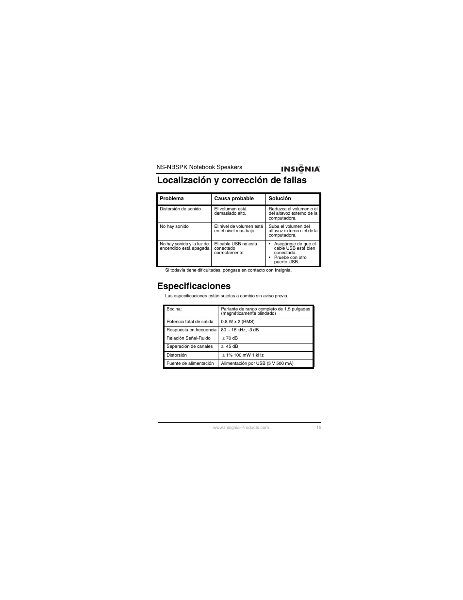 Localización y corrección de fallas, Especificaciones | Insignia NS-NBSPK User Manual | Page 16 / 20