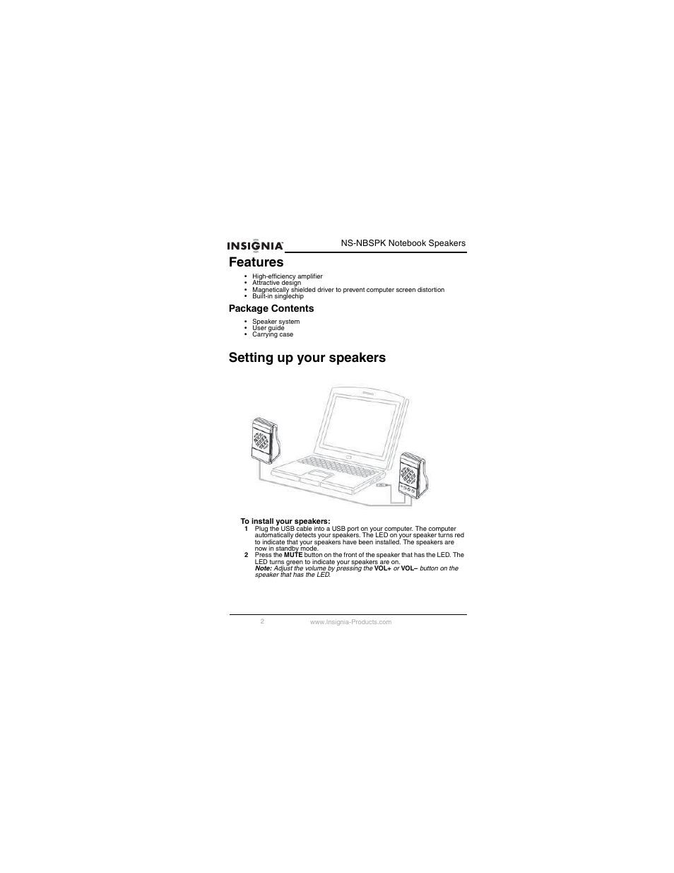 Features, Setting up your speakers | Insignia NS-NBSPK User Manual | Page 3 / 20