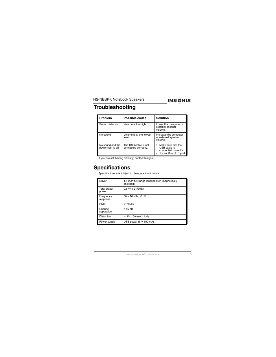 Troubleshooting, Specifications | Insignia NS-NBSPK User Manual | Page 4 / 20