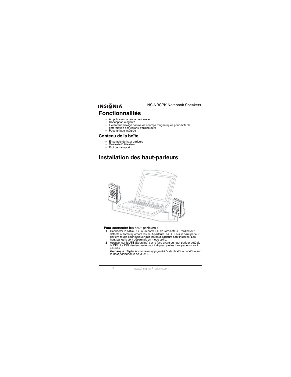 Fonctionnalités, Installation des haut-parleurs | Insignia NS-NBSPK User Manual | Page 9 / 20