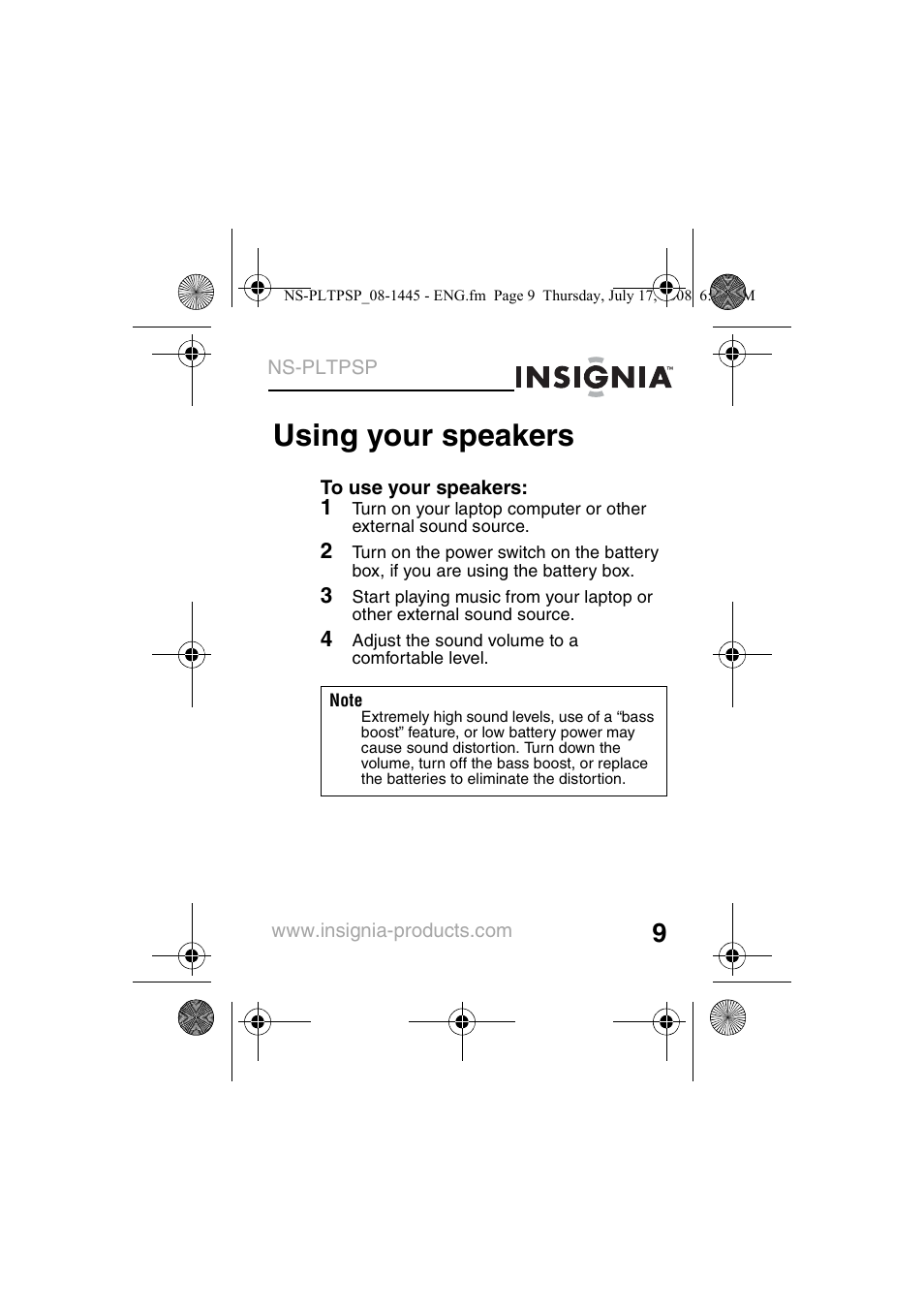 Using your speakers | Insignia NS-PLTPSP User Manual | Page 11 / 20