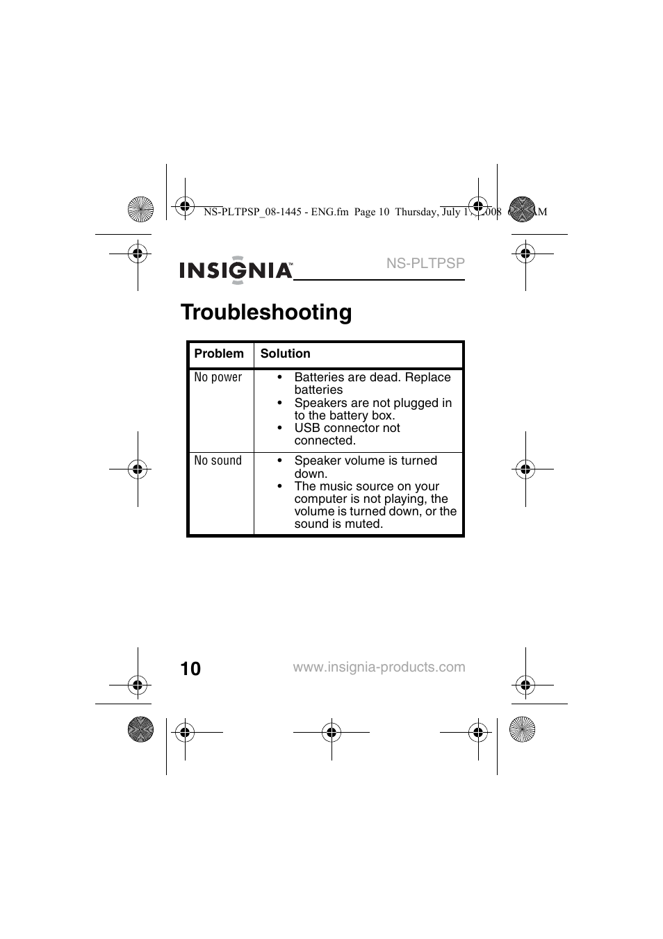 Troubleshooting | Insignia NS-PLTPSP User Manual | Page 12 / 20