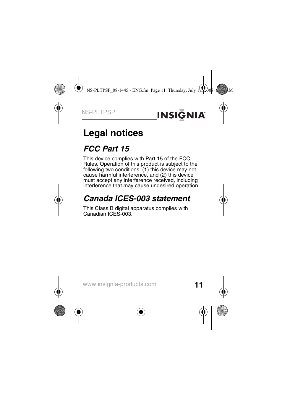 Legal notices, Fcc part 15, Canada ices-003 statement | Insignia NS-PLTPSP User Manual | Page 13 / 20