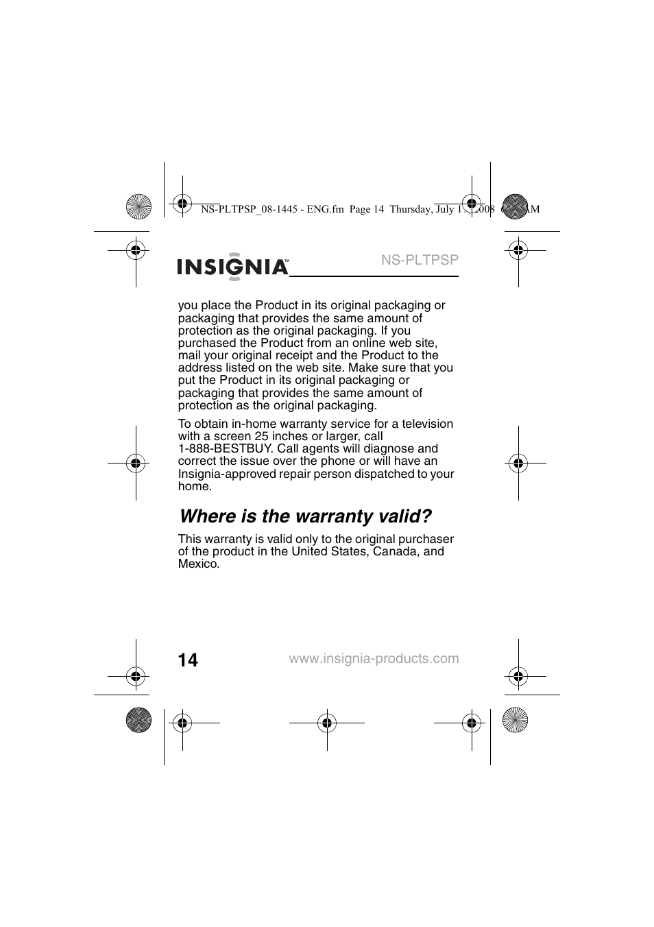 Where is the warranty valid | Insignia NS-PLTPSP User Manual | Page 16 / 20