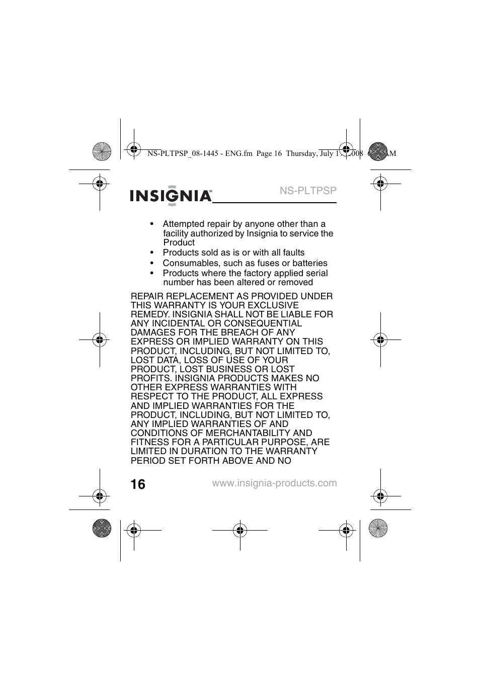 Insignia NS-PLTPSP User Manual | Page 18 / 20