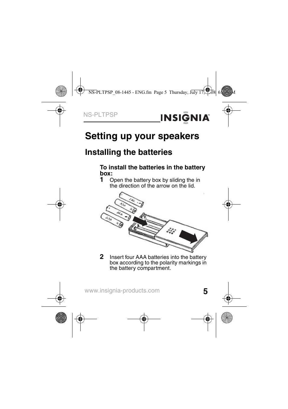 Setting up your speakers, Installing the batteries | Insignia NS-PLTPSP User Manual | Page 7 / 20