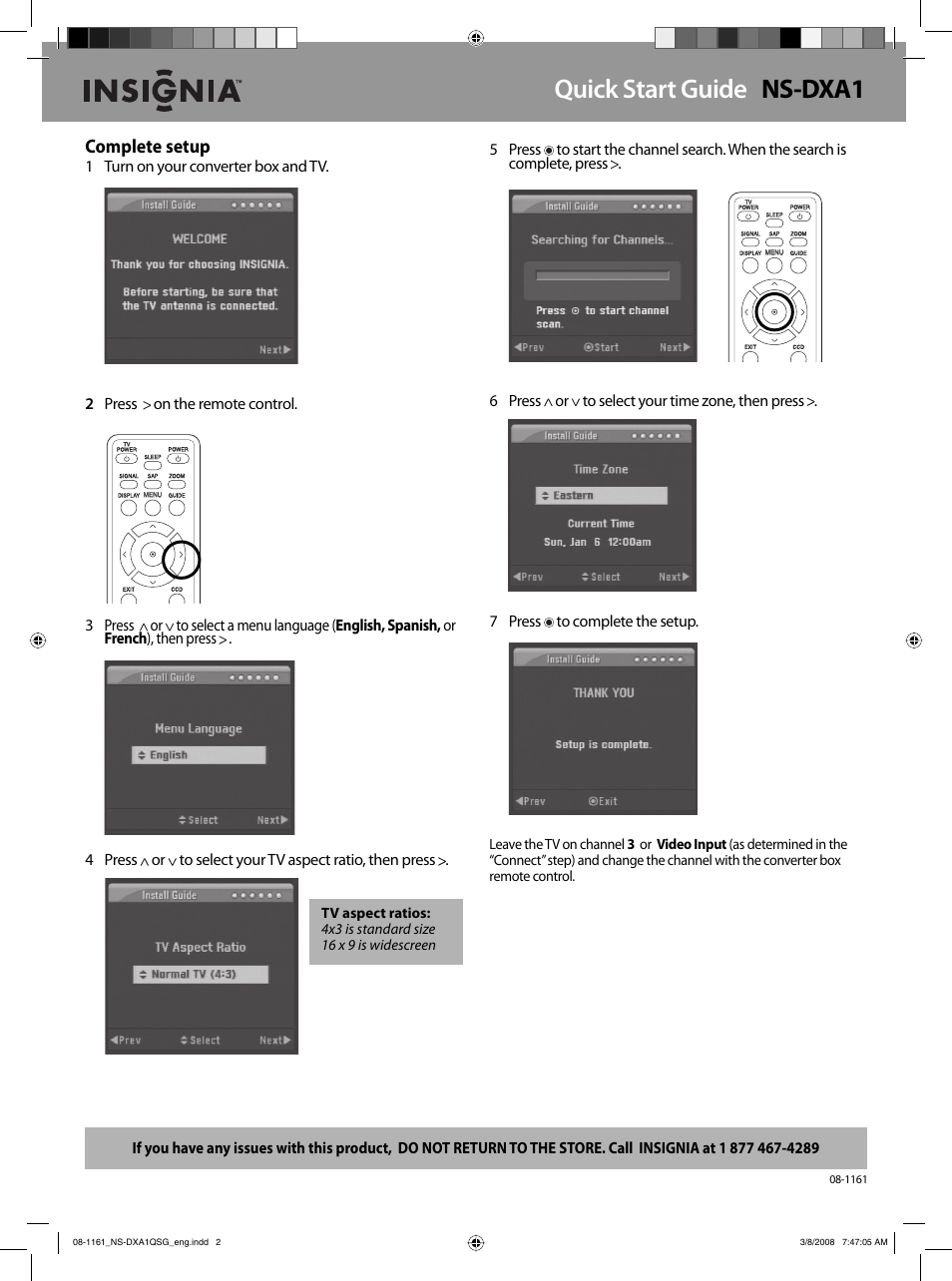 Quick start guide ns-dxa1, Complete setup, 1 turn on your converter box and tv. 2 | Insignia NS-DXA1 User Manual | Page 2 / 2