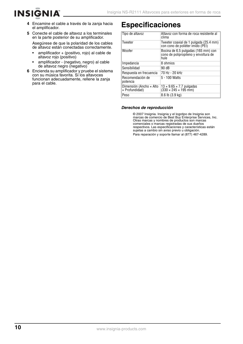 Especificaciones, Derechos de reproducción | Insignia Simulated Rock Outdoor Speakers NS-R2111 User Manual | Page 10 / 12