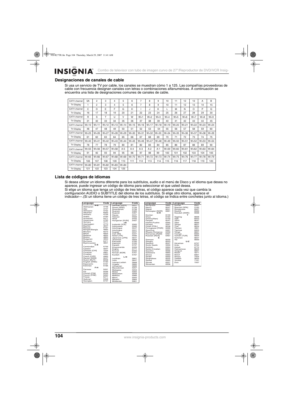 Designaciones de canales de cable, Lista de códigos de idiomas | Insignia NS-R27TR User Manual | Page 104 / 112