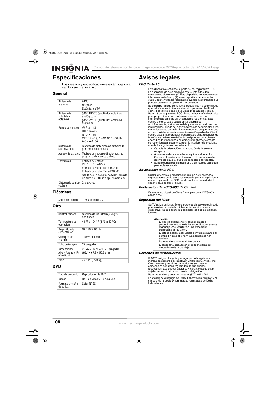 Especificaciones, Avisos legales | Insignia NS-R27TR User Manual | Page 108 / 112