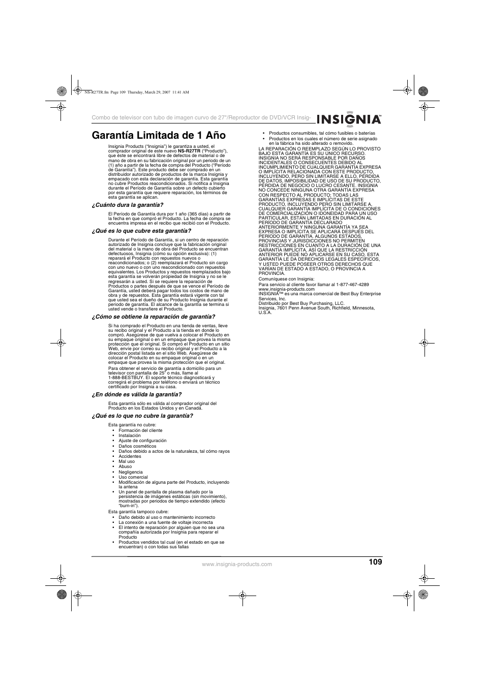 Garantía limitada de 1 año | Insignia NS-R27TR User Manual | Page 109 / 112