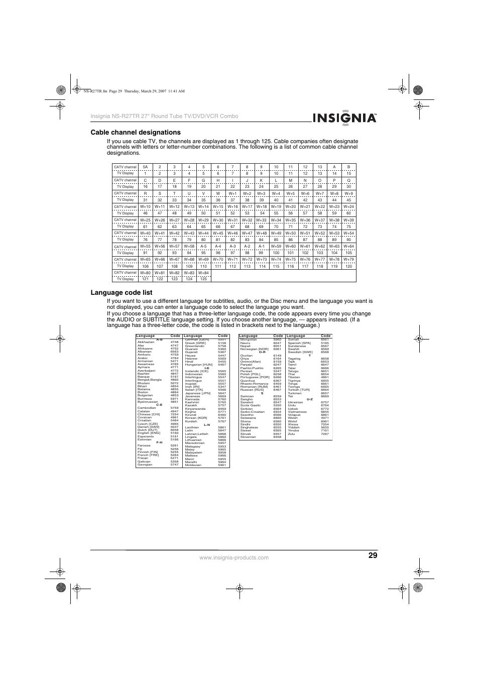 Cable channel designations, Language code list | Insignia NS-R27TR User Manual | Page 29 / 112