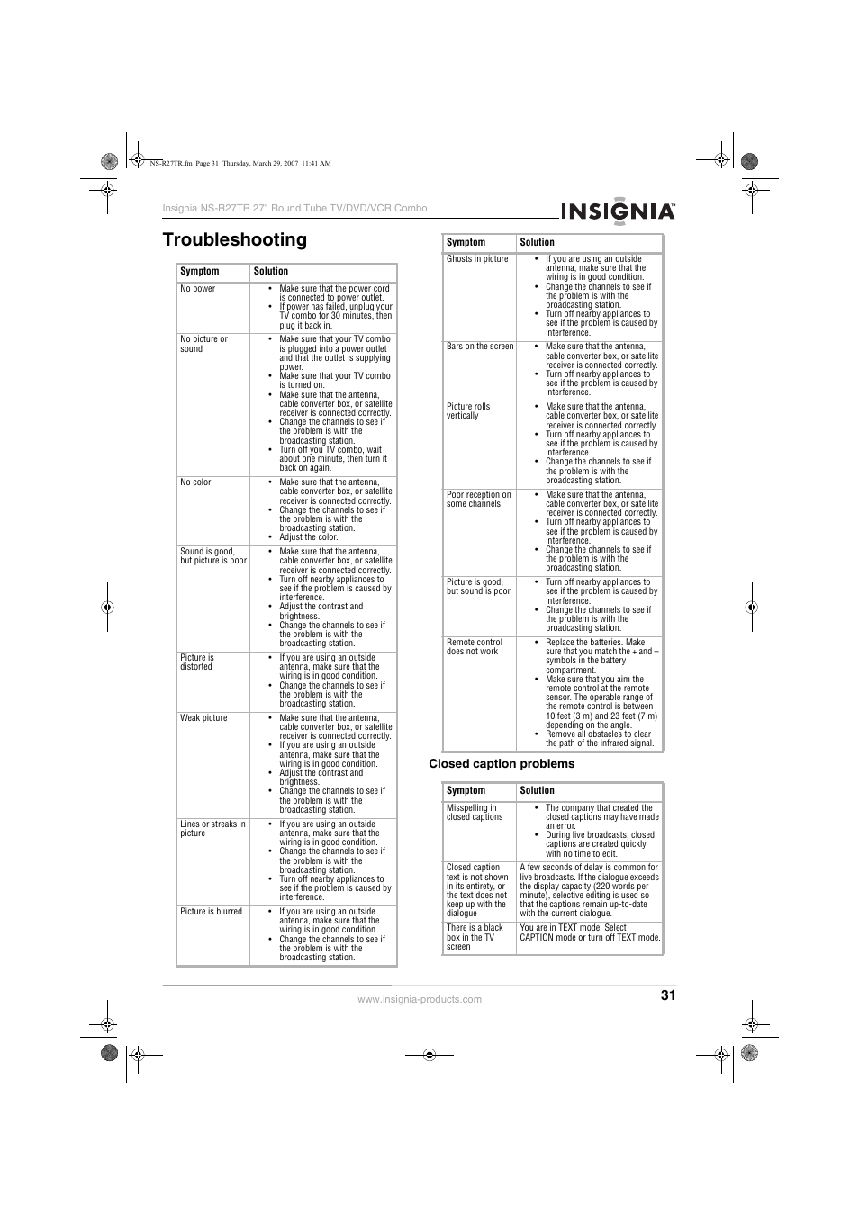 Troubleshooting | Insignia NS-R27TR User Manual | Page 31 / 112