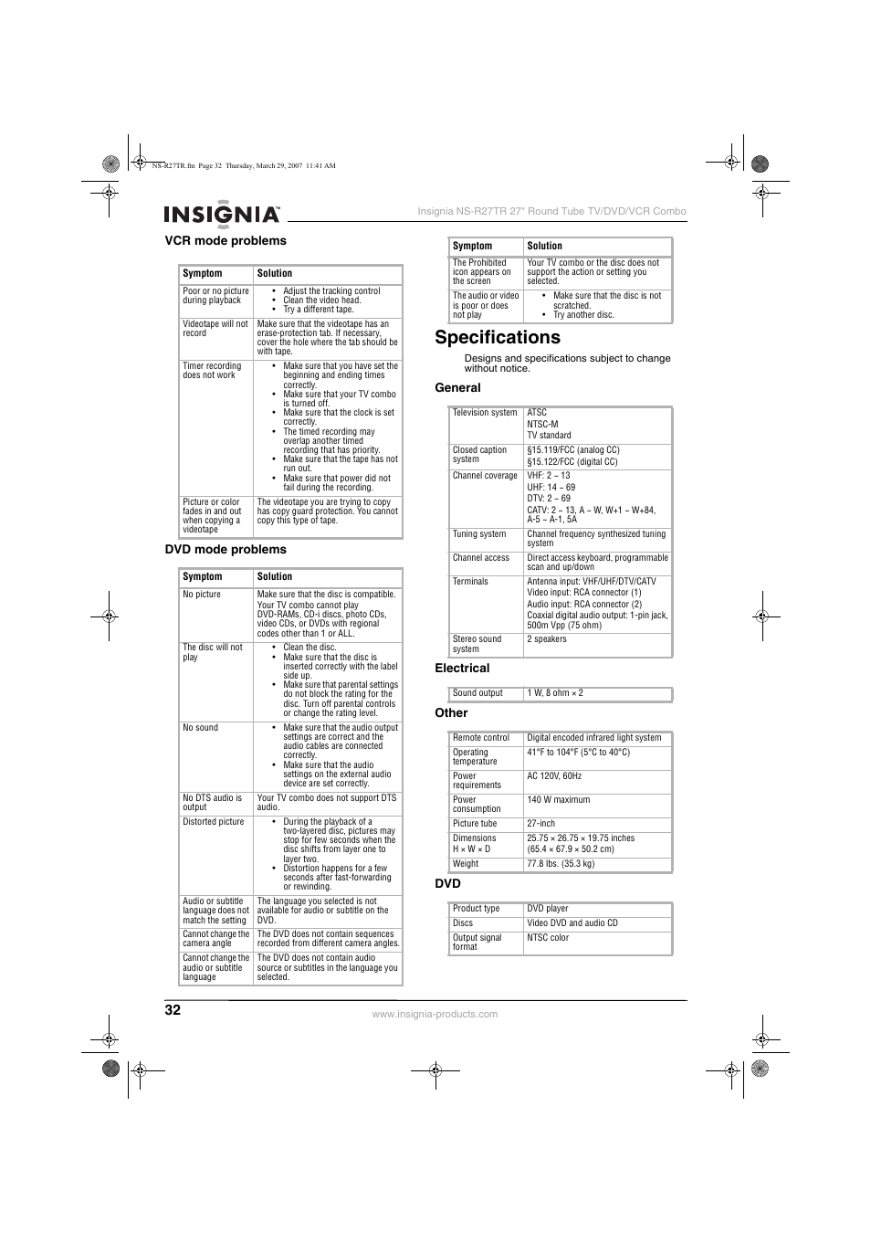 Specifications | Insignia NS-R27TR User Manual | Page 32 / 112