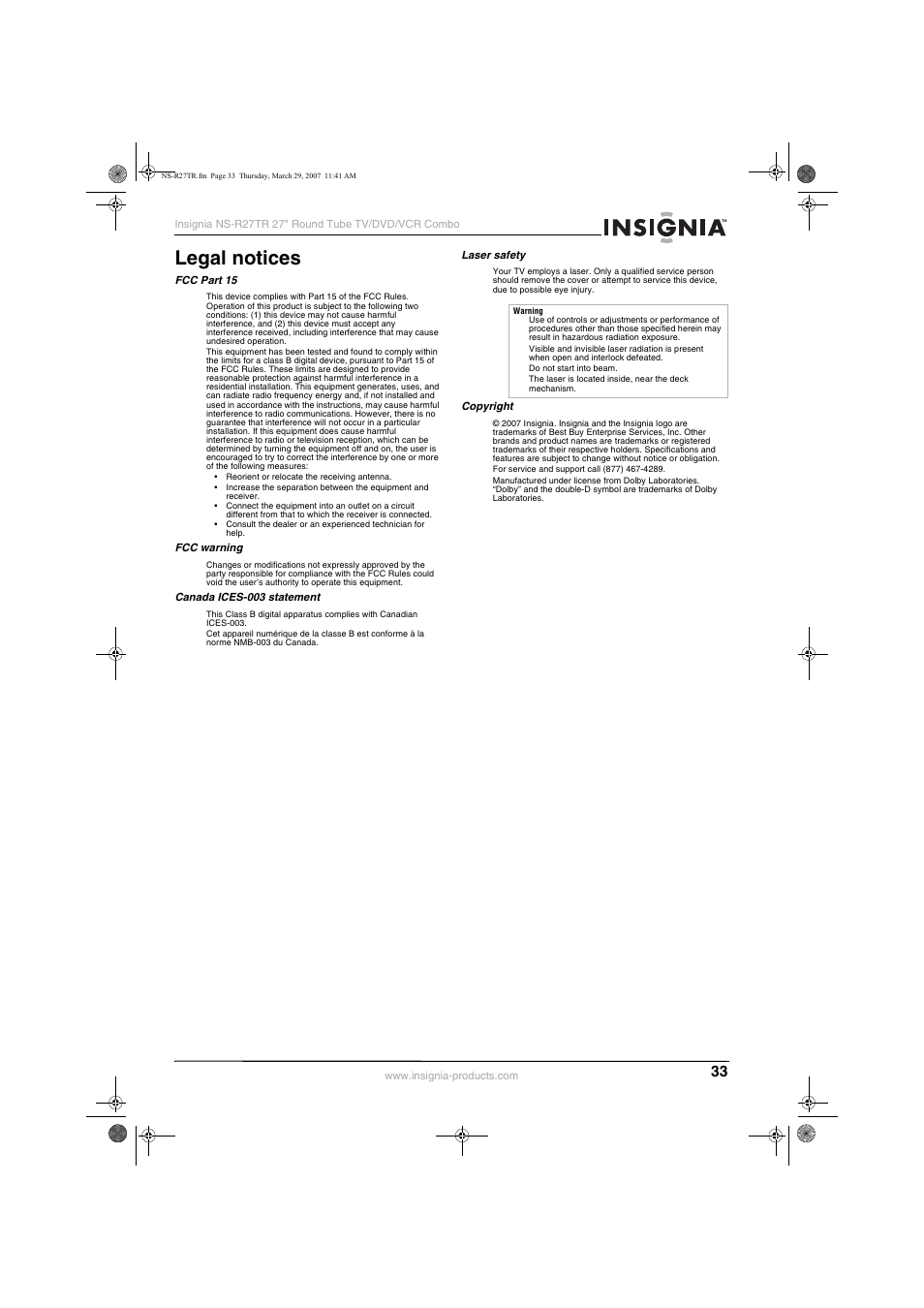 Legal notices | Insignia NS-R27TR User Manual | Page 33 / 112