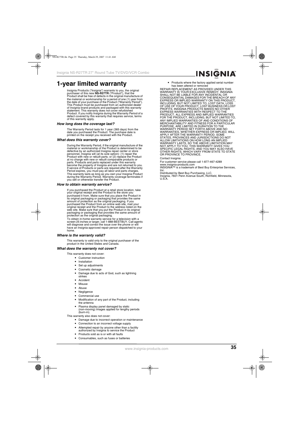 Year limited warranty | Insignia NS-R27TR User Manual | Page 35 / 112