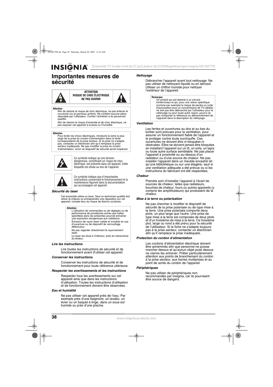 Importantes mesures de sécurité | Insignia NS-R27TR User Manual | Page 38 / 112
