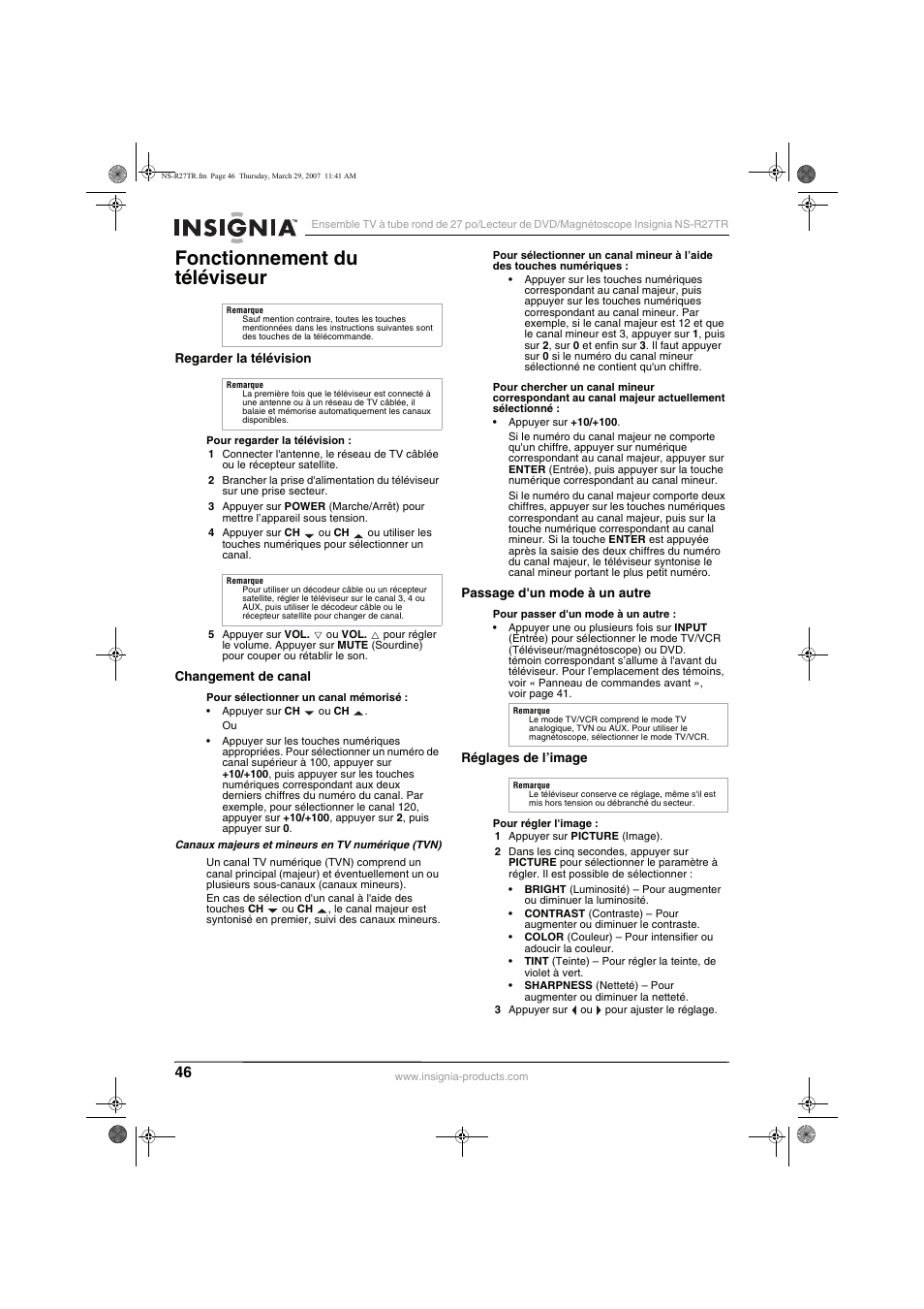 Fonctionnement du téléviseur | Insignia NS-R27TR User Manual | Page 46 / 112