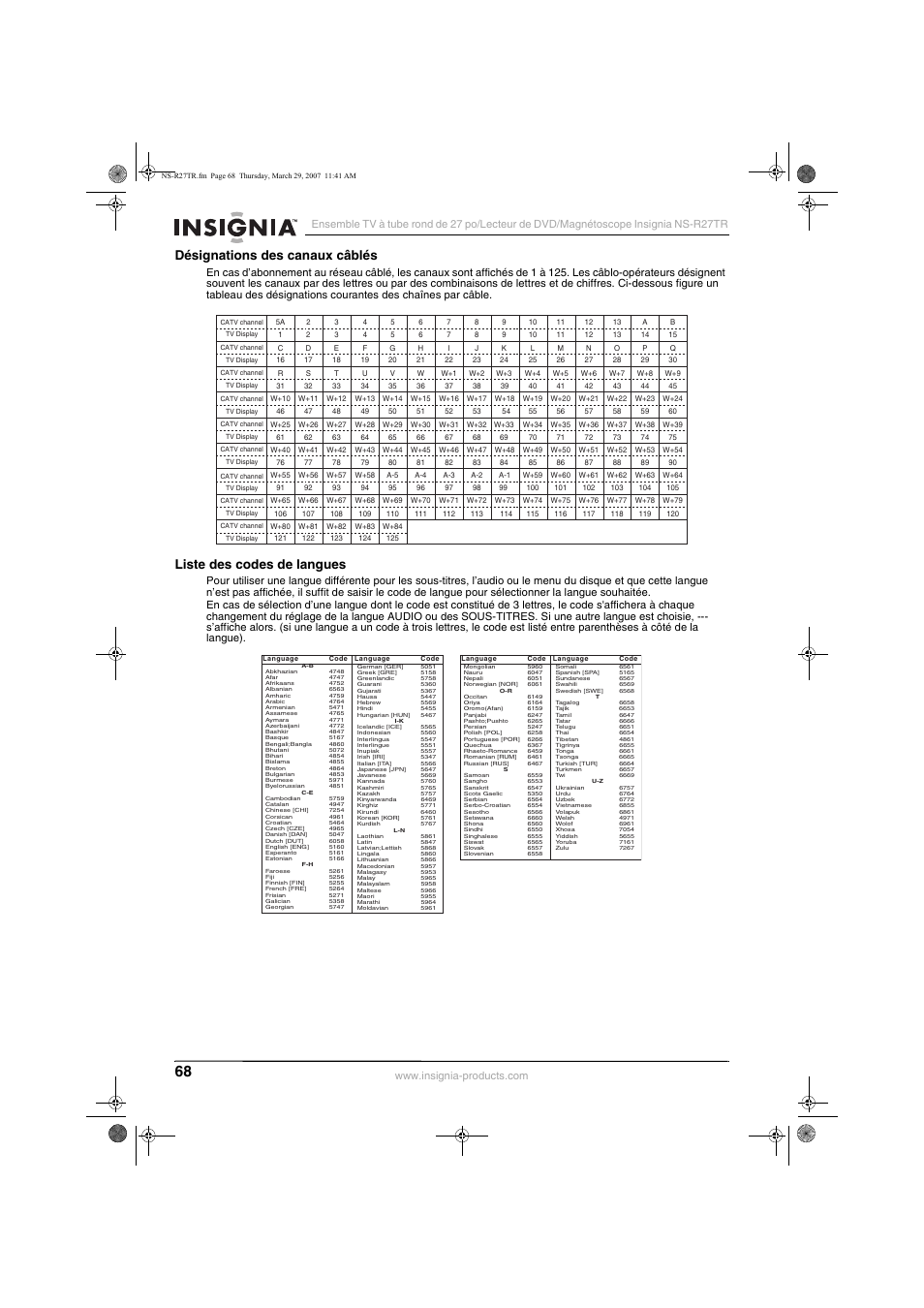 Désignations des canaux câblés, Liste des codes de langues | Insignia NS-R27TR User Manual | Page 68 / 112