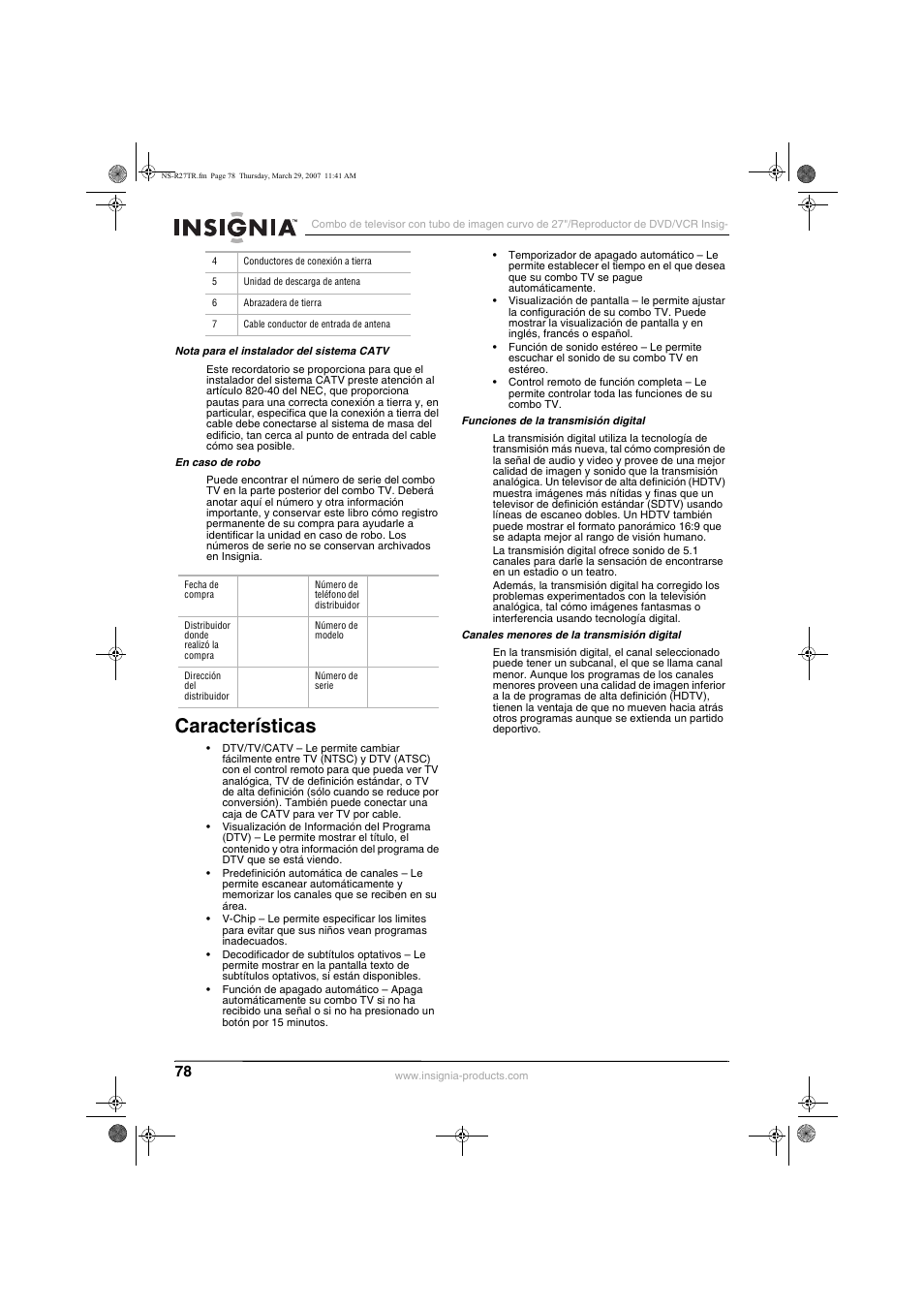 Características | Insignia NS-R27TR User Manual | Page 78 / 112