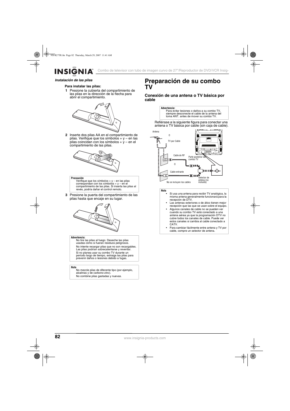 Preparación de su combo tv, Conexión de una antena o tv básica por cable | Insignia NS-R27TR User Manual | Page 82 / 112