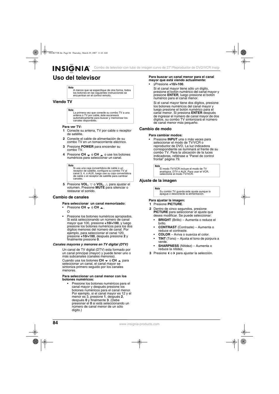 Uso del televisor | Insignia NS-R27TR User Manual | Page 84 / 112