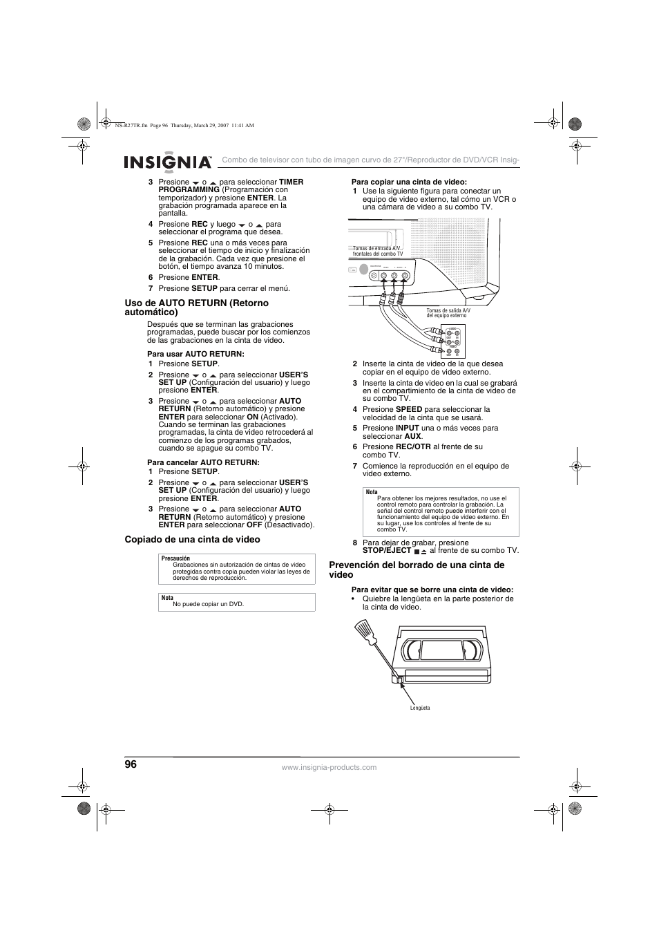 Uso de auto return (retorno automático), Copiado de una cinta de video, Prevención del borrado de una cinta de video | Insignia NS-R27TR User Manual | Page 96 / 112