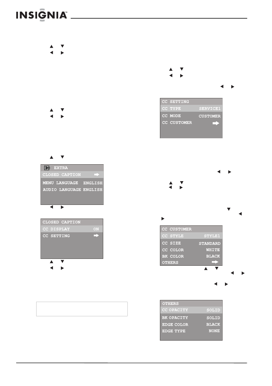 Selecting the osd menu language, Selecting an audio language, Setting up closed captioning | Turning closed captioning on or off, Selecting the caption type, Customizing digital closed captions | Insignia NS-F20TV User Manual | Page 14 / 68