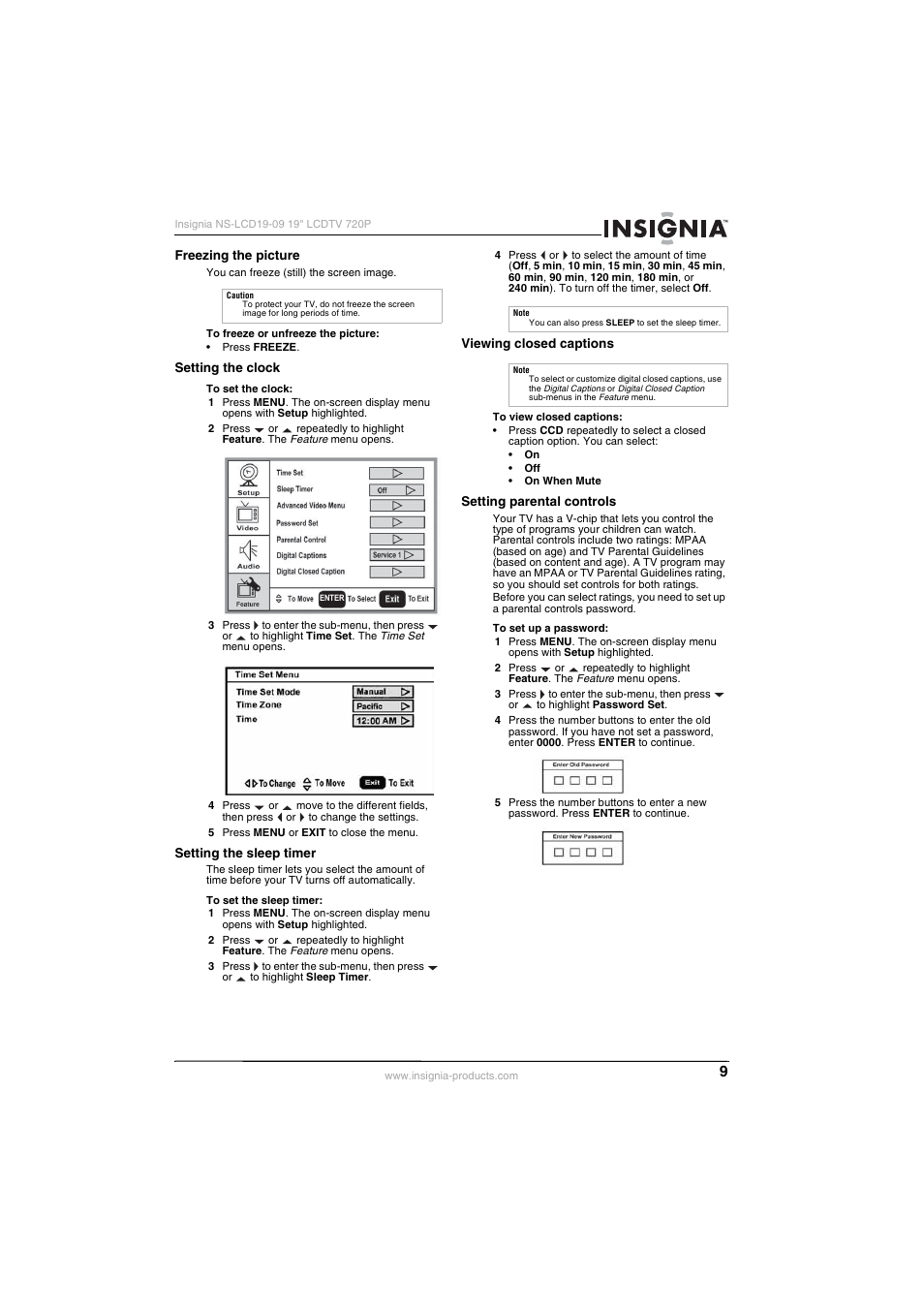 Freezing the picture, Setting the clock, Setting the sleep timer | Viewing closed captions, Setting parental controls, See “setting the sleep timer, Viewing closed captions” on | Insignia NS-LCD19-09 User Manual | Page 11 / 40