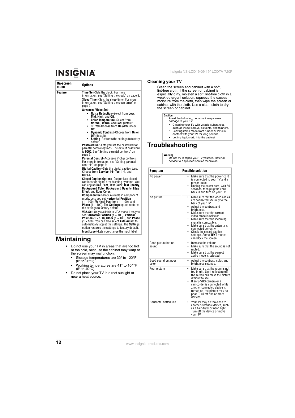 Maintaining, Cleaning your tv, Troubleshooting | Insignia NS-LCD19-09 User Manual | Page 14 / 40