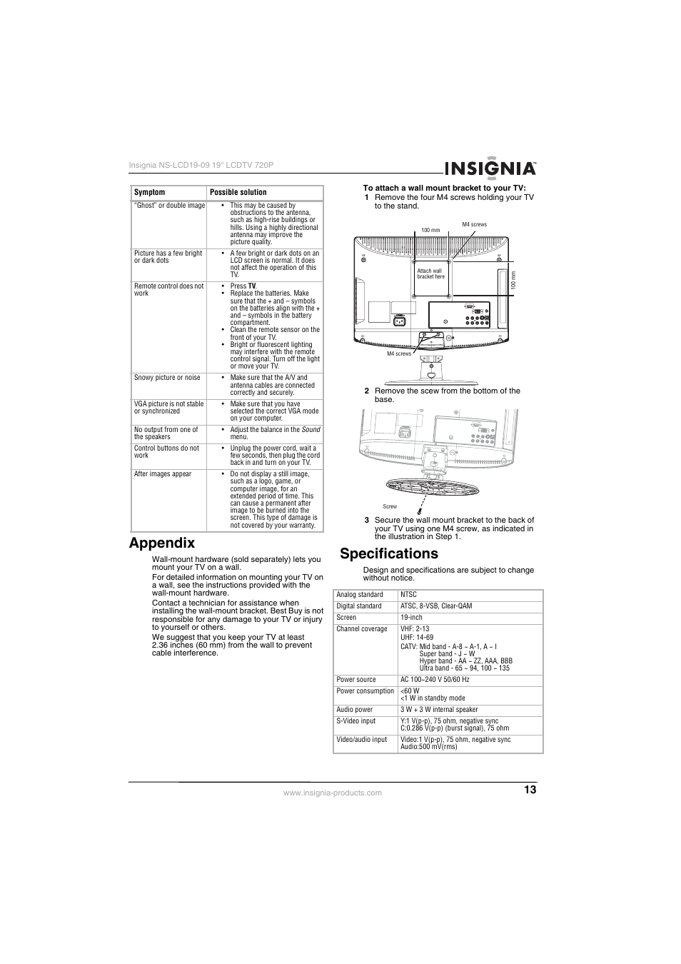 Appendix, Specifications, Appendix specifications | Insignia NS-LCD19-09 User Manual | Page 15 / 40