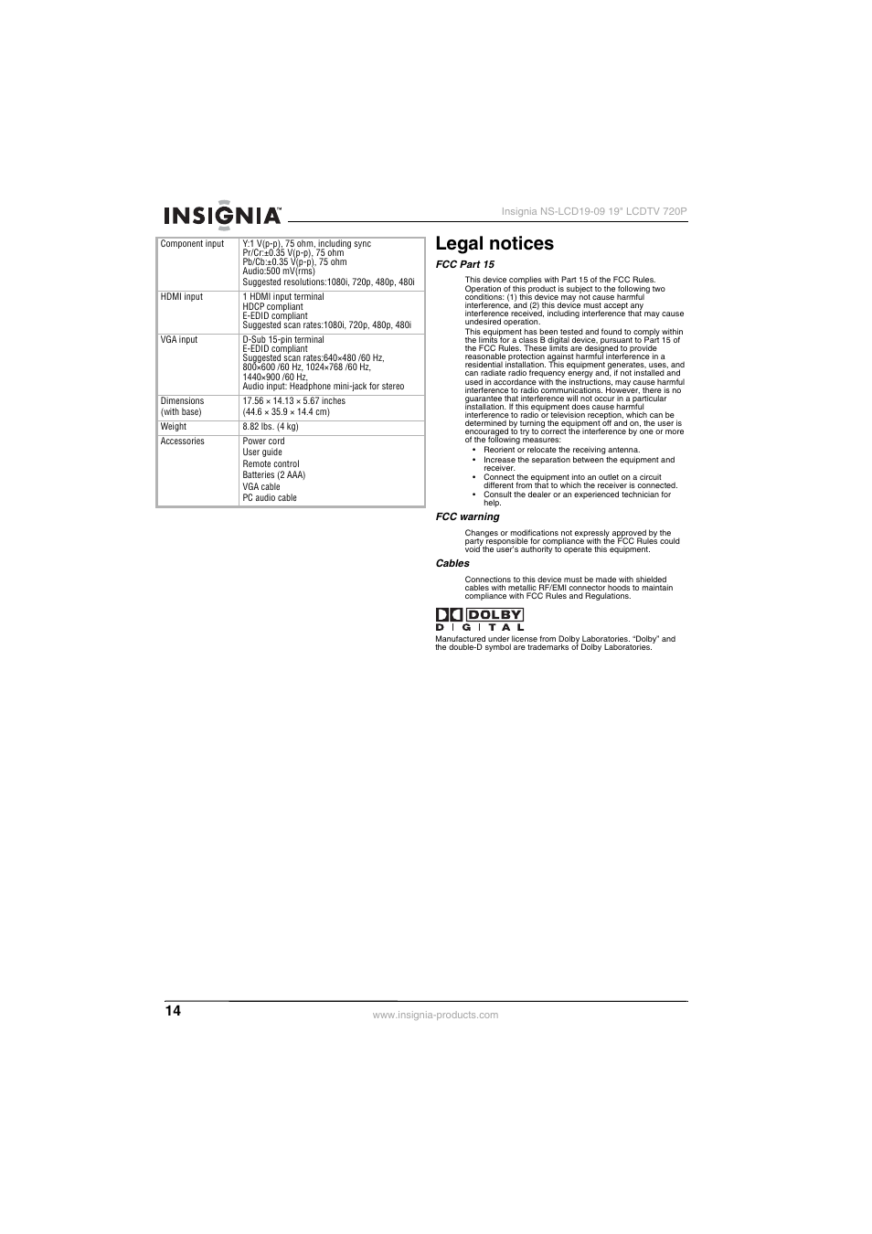 Legal notices | Insignia NS-LCD19-09 User Manual | Page 16 / 40