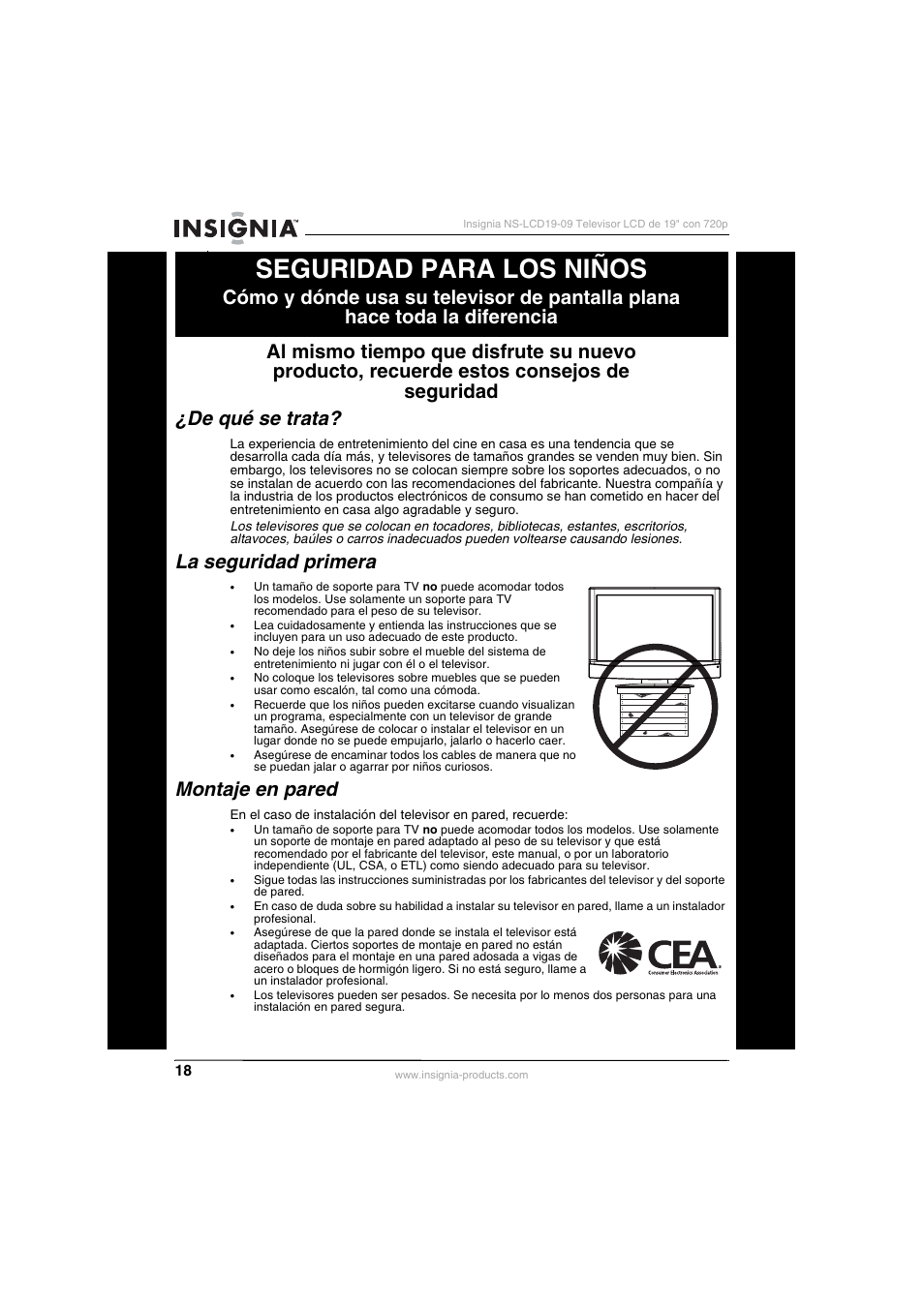 Seguridad para los niños, La seguridad primera, Montaje en pared | Insignia NS-LCD19-09 User Manual | Page 20 / 40