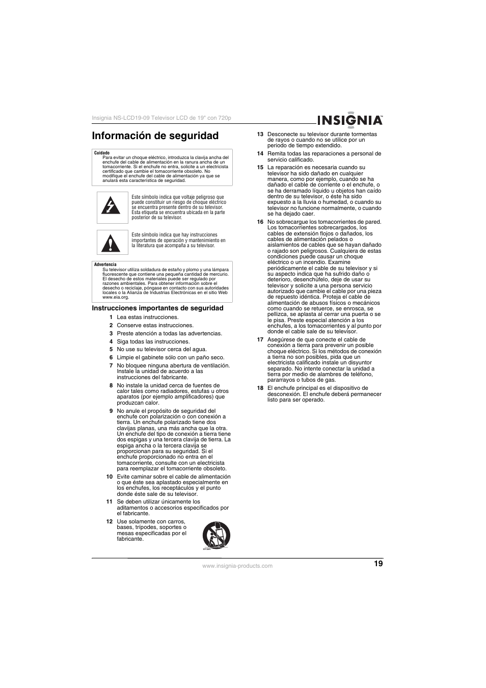 Información de seguridad, Instrucciones importantes de seguridad | Insignia NS-LCD19-09 User Manual | Page 21 / 40