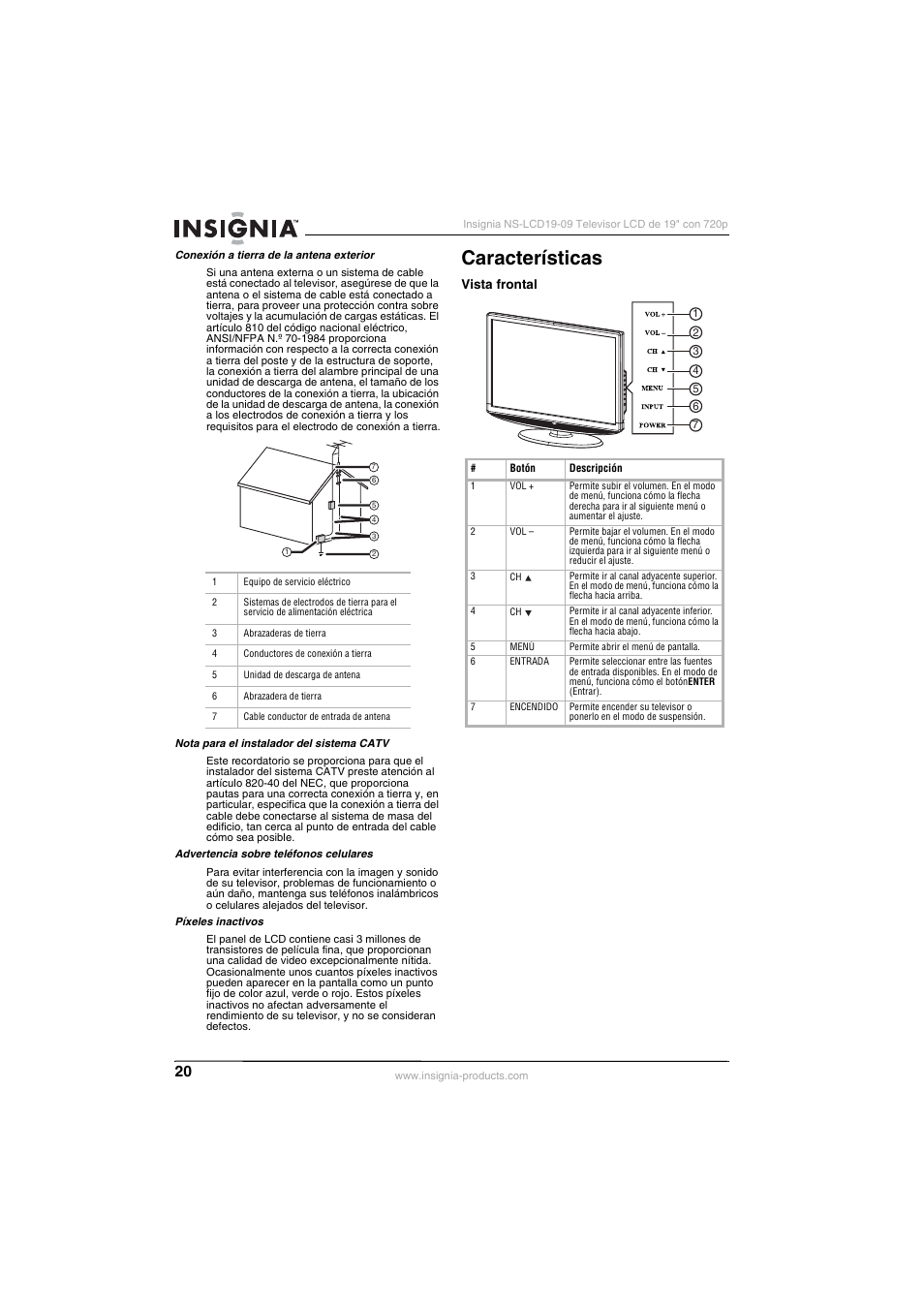 Características, Vista frontal | Insignia NS-LCD19-09 User Manual | Page 22 / 40