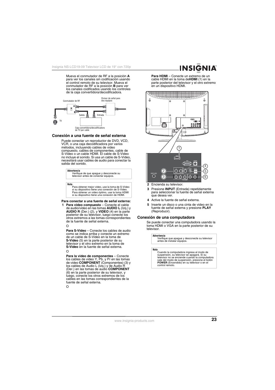 Conexión a una fuente de señal externa, Conexión de una computadora | Insignia NS-LCD19-09 User Manual | Page 25 / 40