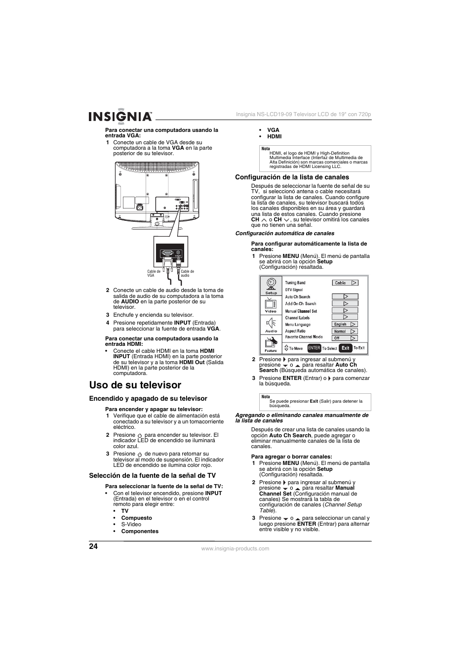 Uso de su televisor, Encendido y apagado de su televisor, Selección de la fuente de la señal de tv | Configuración de la lista de canales, Se a “configuración de la lista de canales” en l | Insignia NS-LCD19-09 User Manual | Page 26 / 40