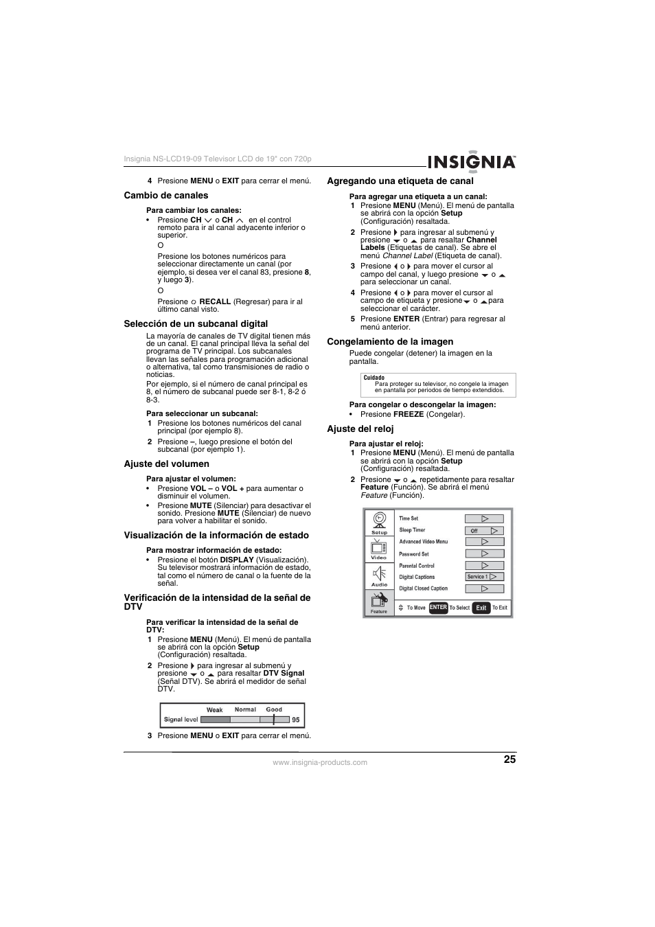 Cambio de canales, Selección de un subcanal digital, Ajuste del volumen | Visualización de la información de estado, Verificación de la intensidad de la señal de dtv, Agregando una etiqueta de canal, Congelamiento de la imagen, Ajuste del reloj | Insignia NS-LCD19-09 User Manual | Page 27 / 40