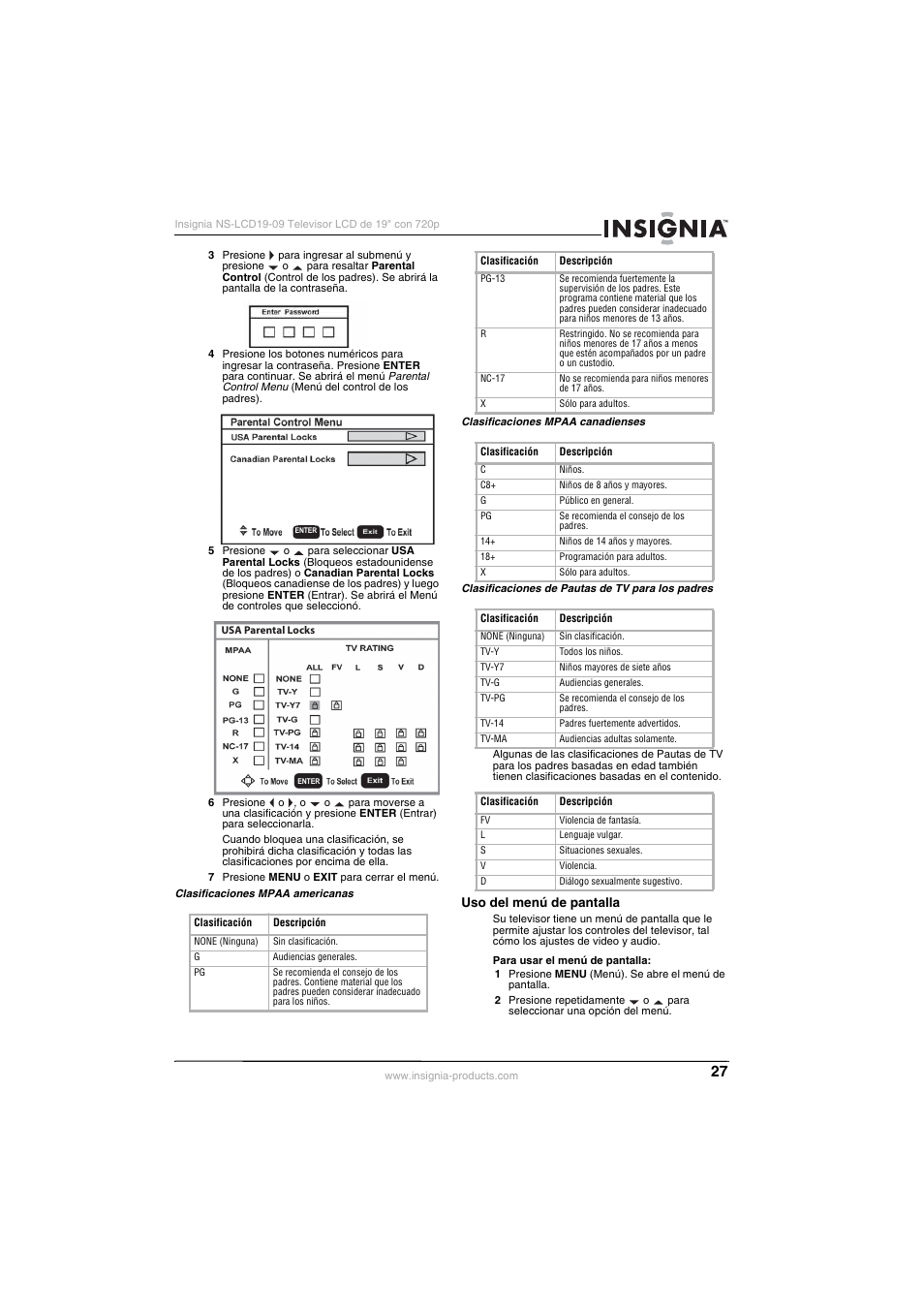 Uso del menú de pantalla | Insignia NS-LCD19-09 User Manual | Page 29 / 40