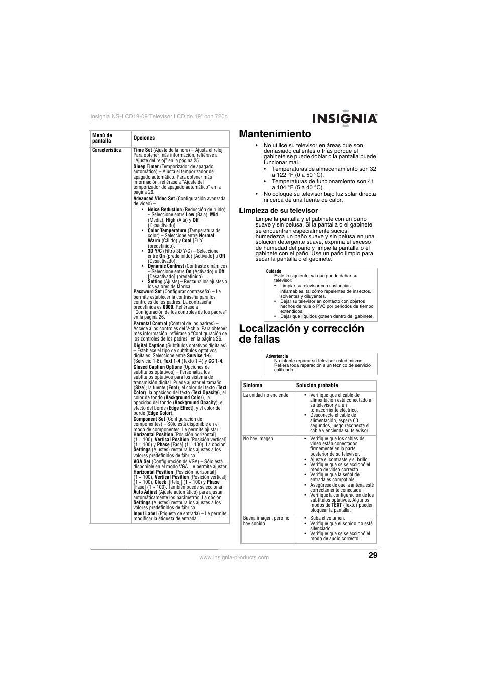 Mantenimiento, Limpieza de su televisor, Localización y corrección de fallas | Insignia NS-LCD19-09 User Manual | Page 31 / 40