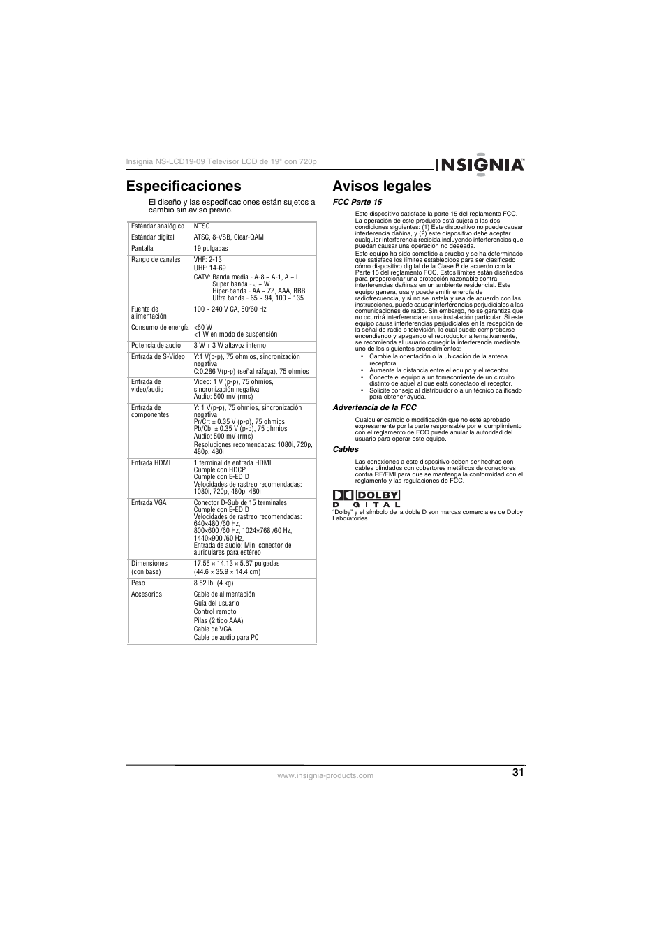 Especificaciones, Avisos legales, Especificaciones avisos legales | Insignia NS-LCD19-09 User Manual | Page 33 / 40