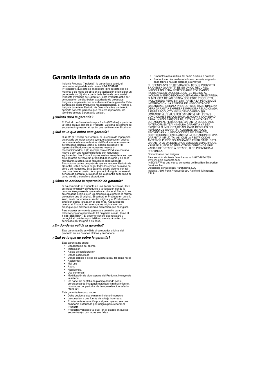 Garantía limitada de un aсo, Garantía limitada de un año | Insignia NS-LCD19-09 User Manual | Page 35 / 40
