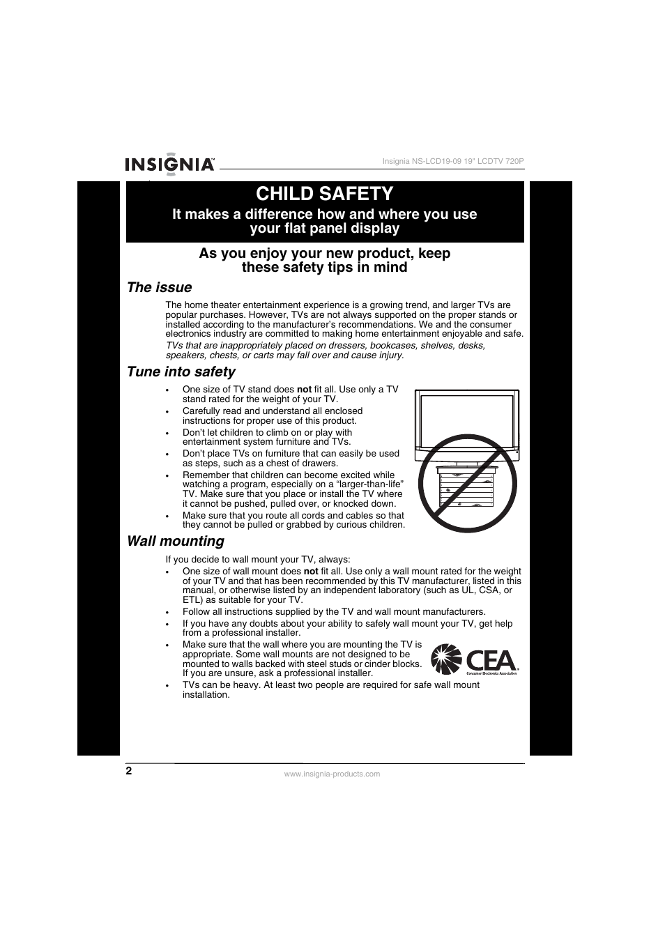 Child safety, Tune into safety, Wall mounting | Insignia NS-LCD19-09 User Manual | Page 4 / 40