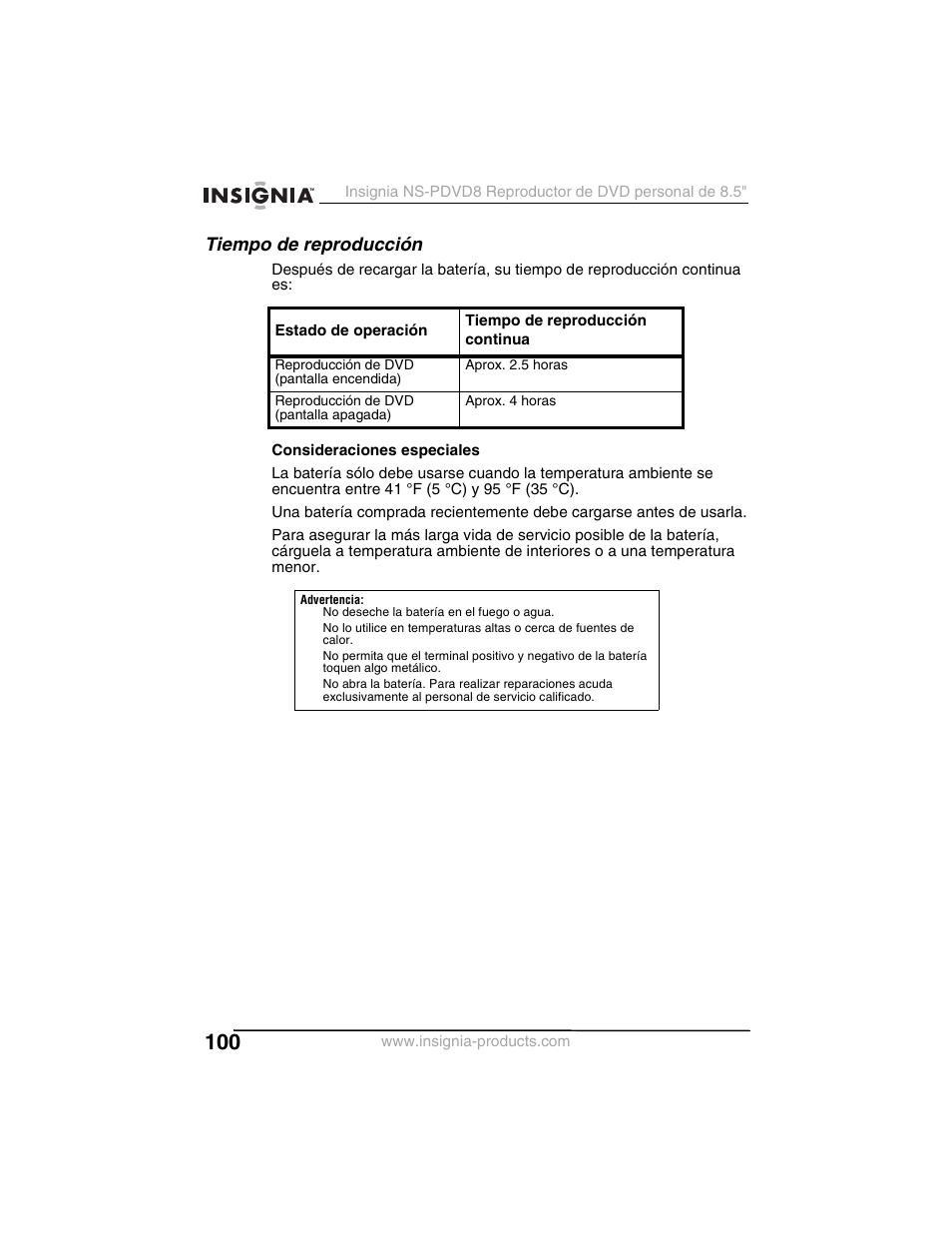 Tiempo de reproducción | Insignia NS-PDVD8 User Manual | Page 102 / 134