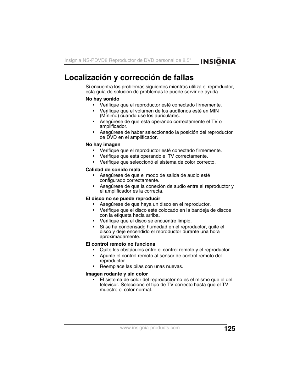 Localización y corrección de fallas | Insignia NS-PDVD8 User Manual | Page 127 / 134